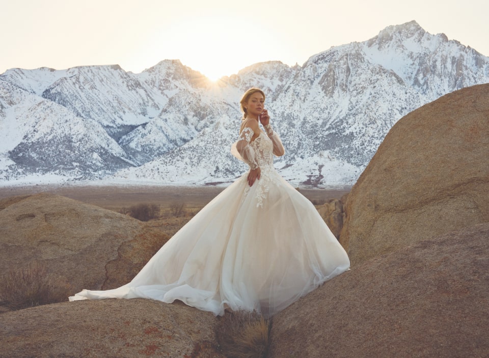 A bride in a wedding dress standing on rocks with mountains in the background.